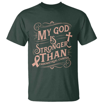Christian Faith Peach Ribbon T Shirt My God Is Stronger Than Endometrial Cancer