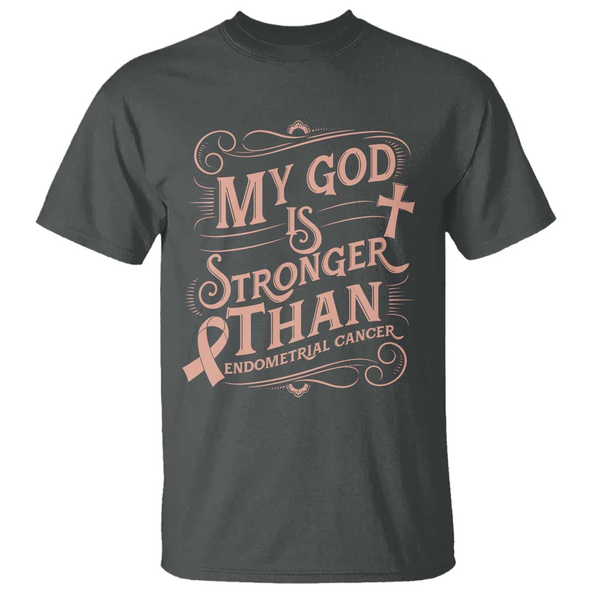 Christian Faith Peach Ribbon T Shirt My God Is Stronger Than Endometrial Cancer