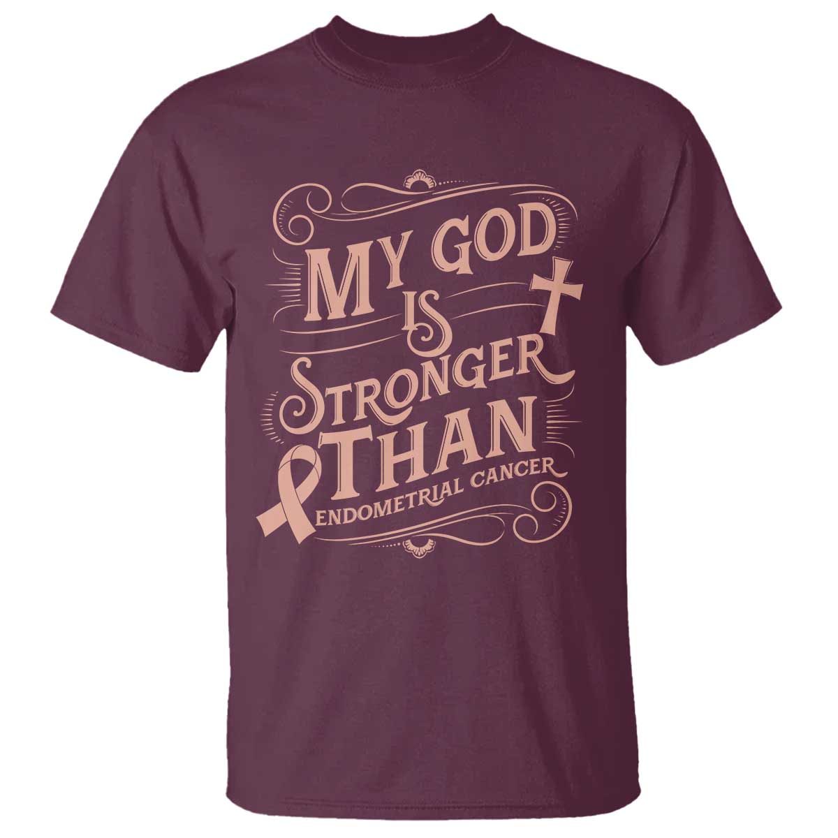 Christian Faith Peach Ribbon T Shirt My God Is Stronger Than Endometrial Cancer