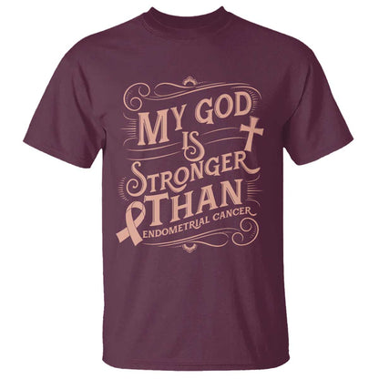 Christian Faith Peach Ribbon T Shirt My God Is Stronger Than Endometrial Cancer