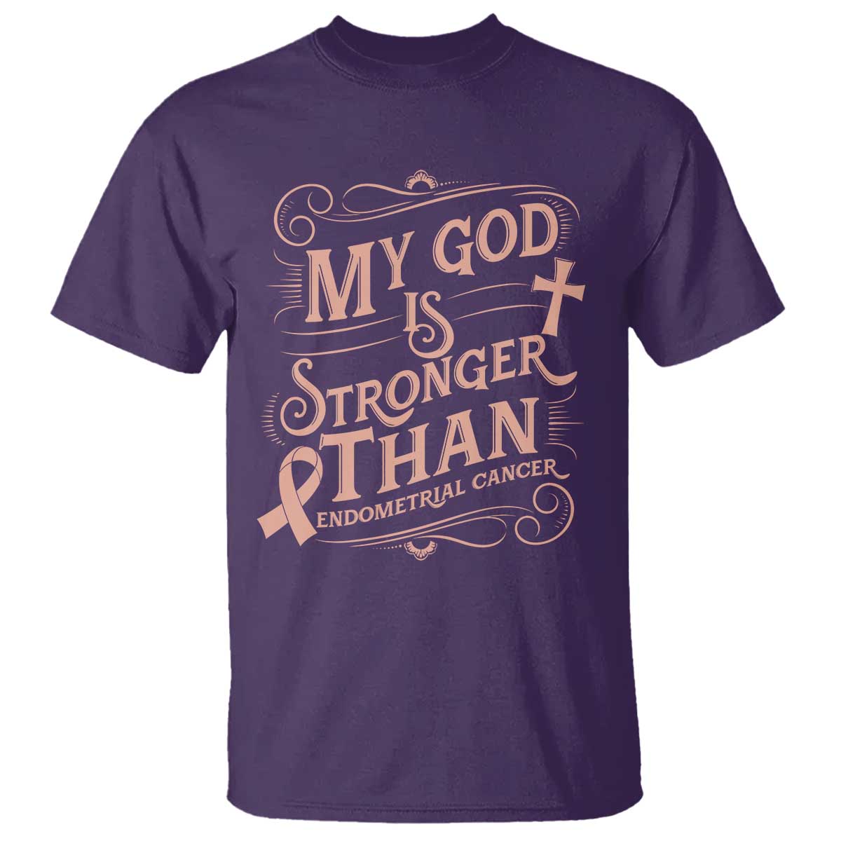 Christian Faith Peach Ribbon T Shirt My God Is Stronger Than Endometrial Cancer