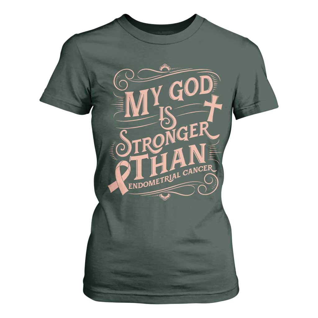 Christian Faith Peach Ribbon T Shirt For Women My God Is Stronger Than Endometrial Cancer