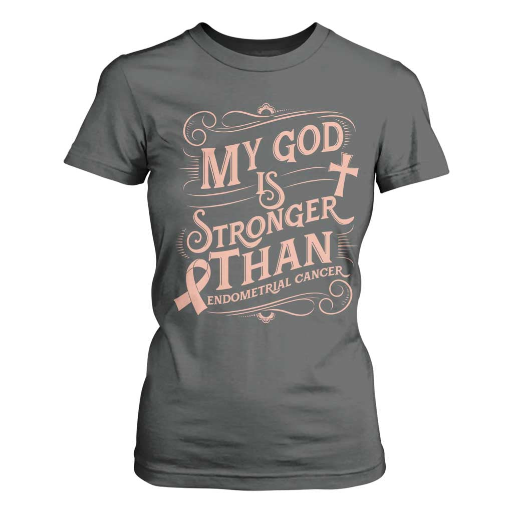 Christian Faith Peach Ribbon T Shirt For Women My God Is Stronger Than Endometrial Cancer