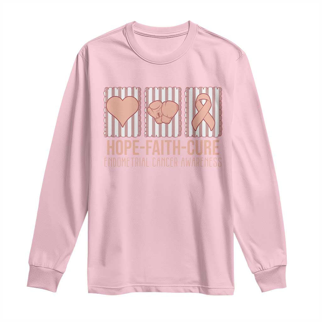 Endometrial Cancer Support Long Sleeve Shirt Hope Faith Cure Peach Ribbon