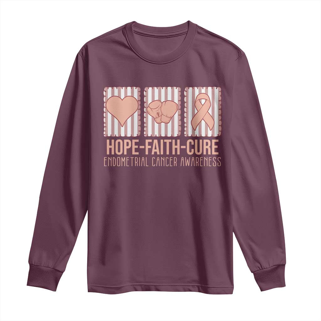 Endometrial Cancer Support Long Sleeve Shirt Hope Faith Cure Peach Ribbon