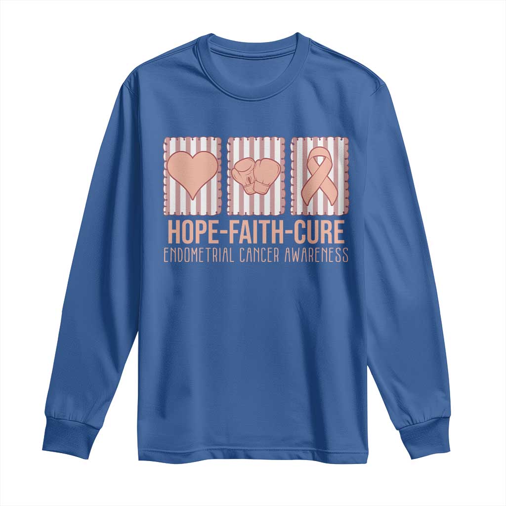 Endometrial Cancer Support Long Sleeve Shirt Hope Faith Cure Peach Ribbon