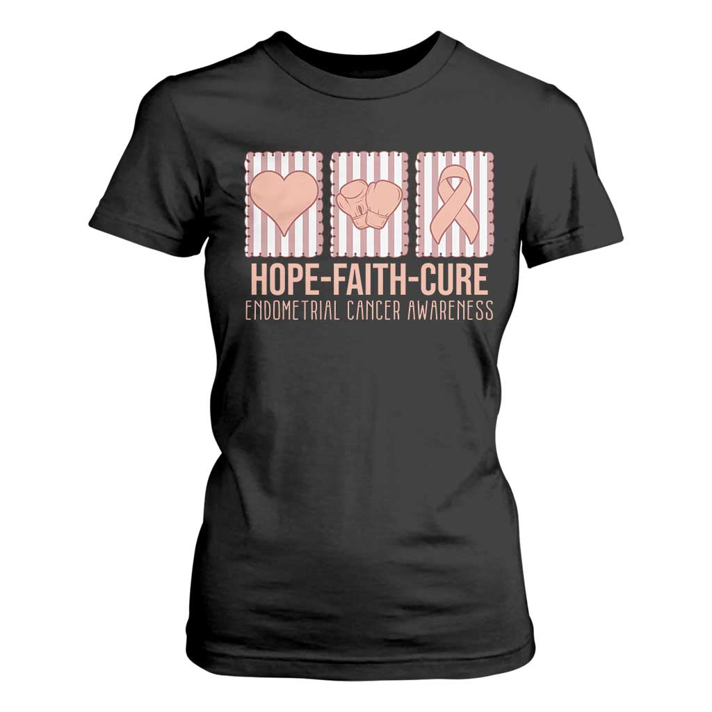Endometrial Cancer Support T Shirt For Women Hope Faith Cure Peach Ribbon