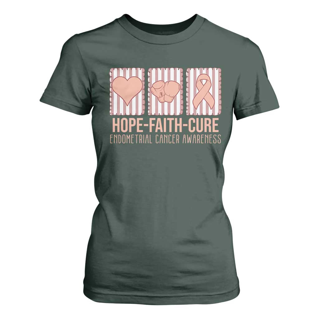 Endometrial Cancer Support T Shirt For Women Hope Faith Cure Peach Ribbon