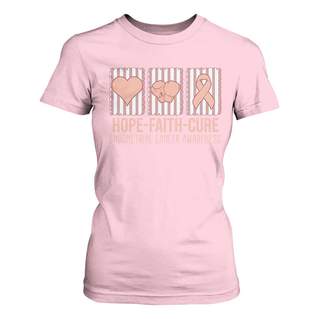 Endometrial Cancer Support T Shirt For Women Hope Faith Cure Peach Ribbon