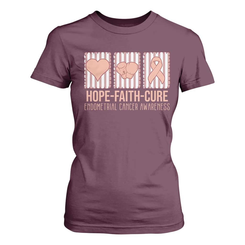 Endometrial Cancer Support T Shirt For Women Hope Faith Cure Peach Ribbon