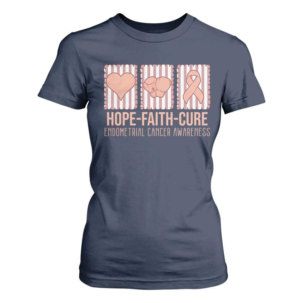 Endometrial Cancer Support T Shirt For Women Hope Faith Cure Peach Ribbon