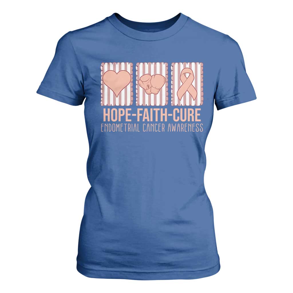 Endometrial Cancer Support T Shirt For Women Hope Faith Cure Peach Ribbon