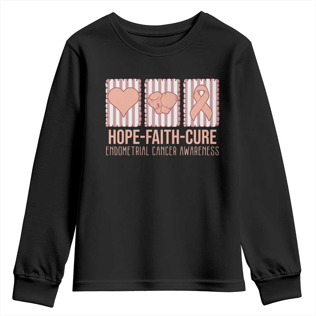 Endometrial Cancer Support Youth Sweatshirt Hope Faith Cure Peach Ribbon