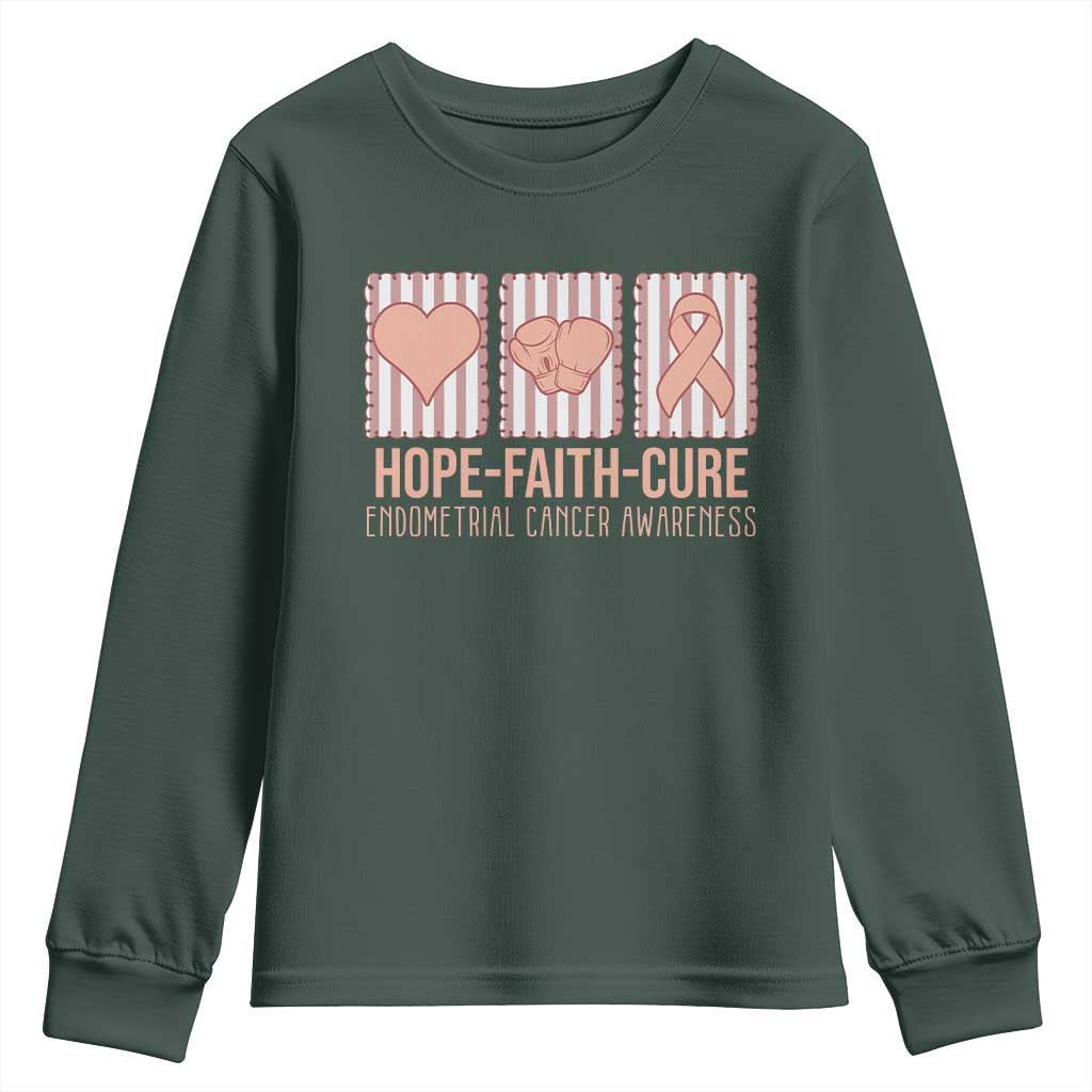 Endometrial Cancer Support Youth Sweatshirt Hope Faith Cure Peach Ribbon