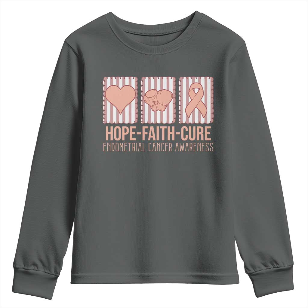 Endometrial Cancer Support Youth Sweatshirt Hope Faith Cure Peach Ribbon