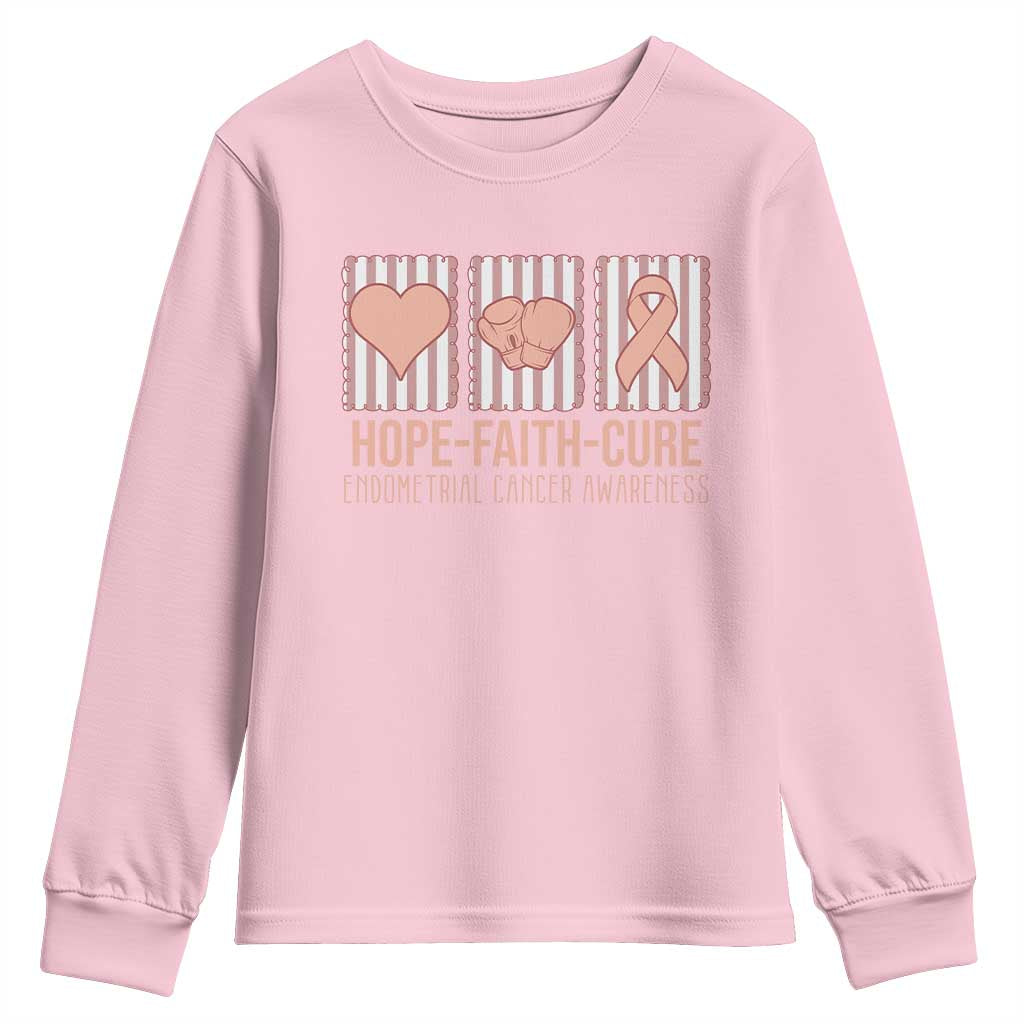 Endometrial Cancer Support Youth Sweatshirt Hope Faith Cure Peach Ribbon