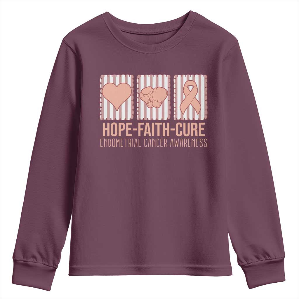 Endometrial Cancer Support Youth Sweatshirt Hope Faith Cure Peach Ribbon