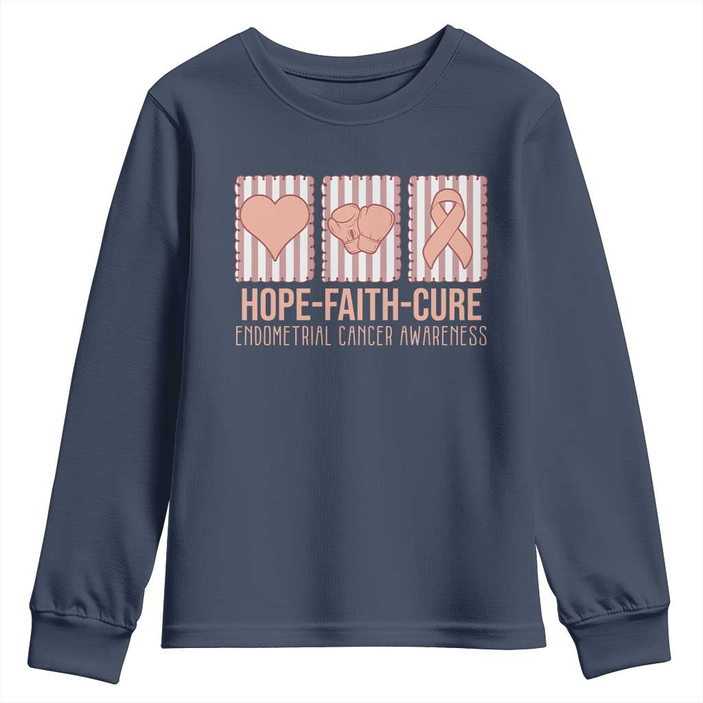 Endometrial Cancer Support Youth Sweatshirt Hope Faith Cure Peach Ribbon