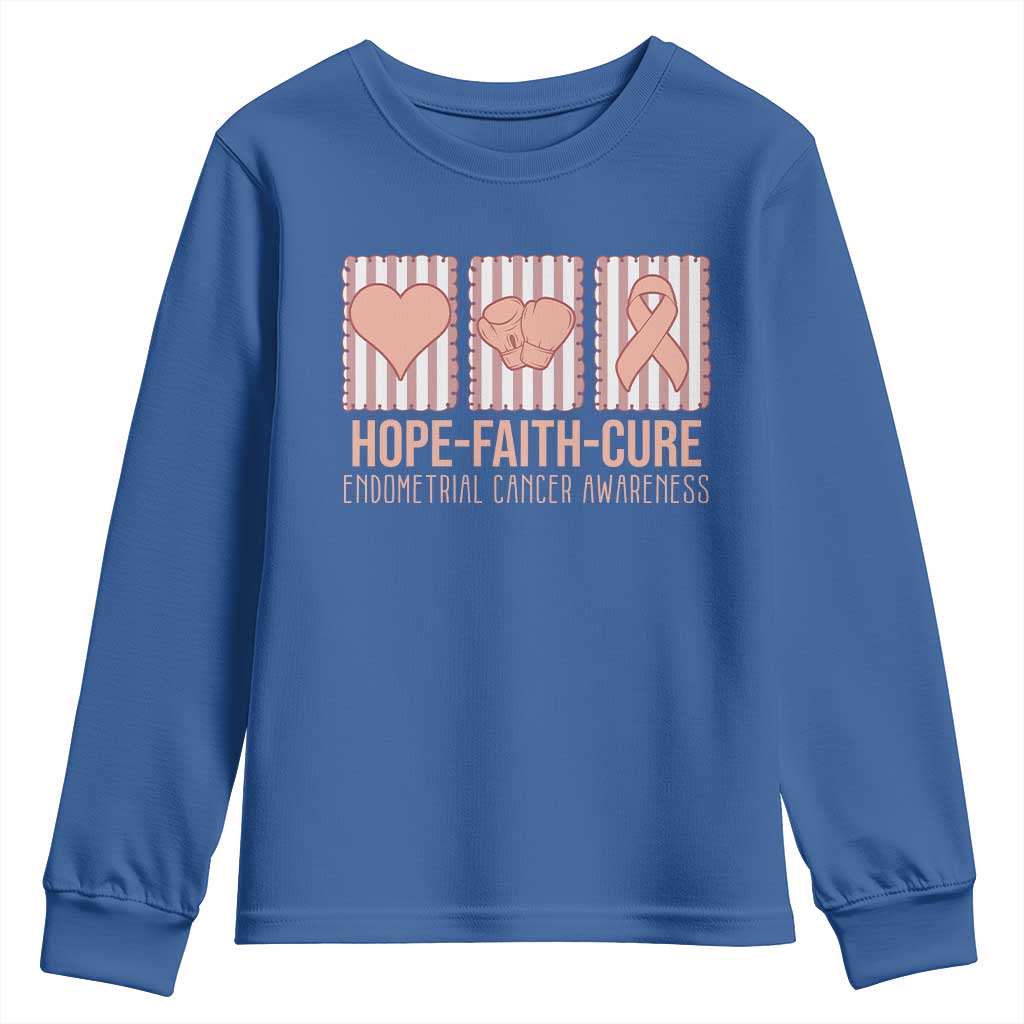 Endometrial Cancer Support Youth Sweatshirt Hope Faith Cure Peach Ribbon