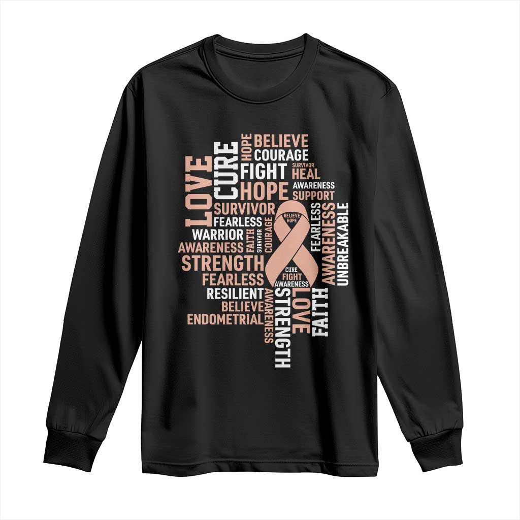 Endometrial Cancer Support Long Sleeve Shirt Warrior Survivor Peach Ribbon