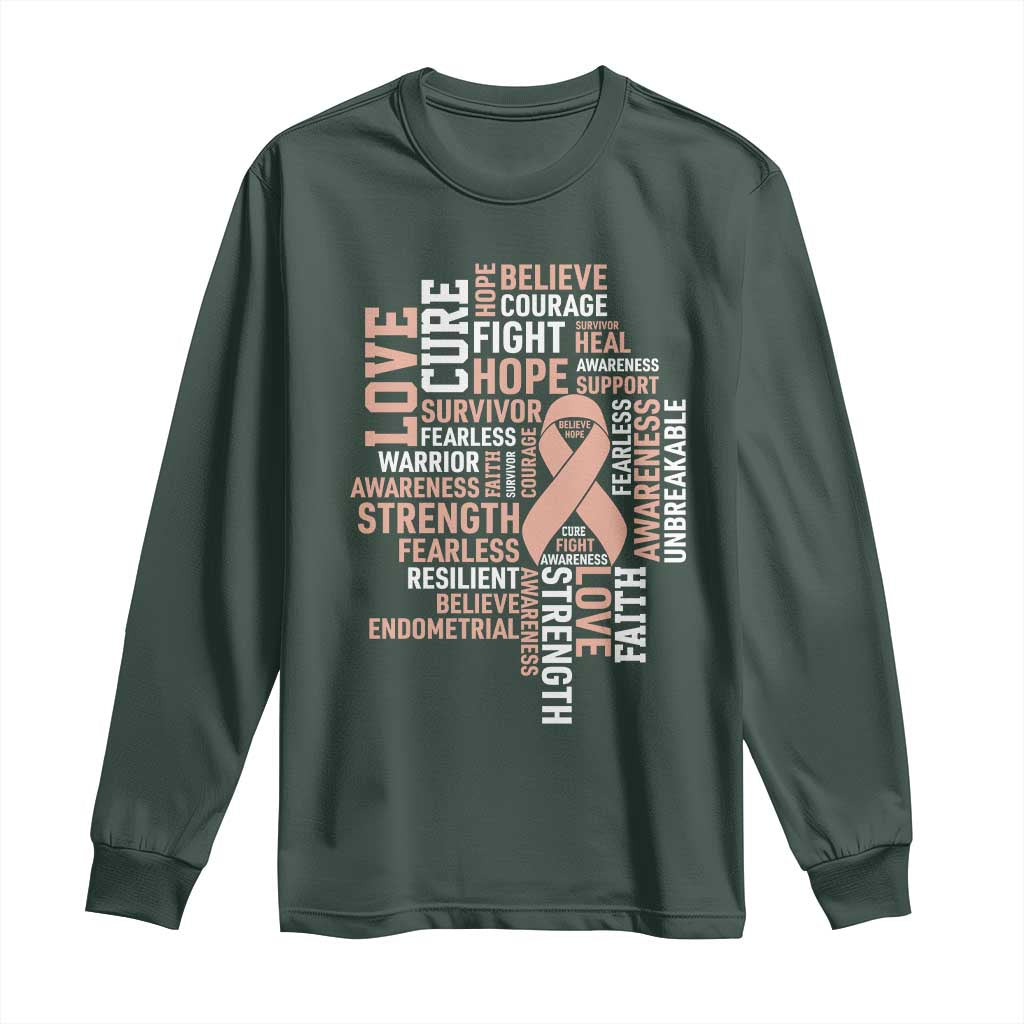Endometrial Cancer Support Long Sleeve Shirt Warrior Survivor Peach Ribbon