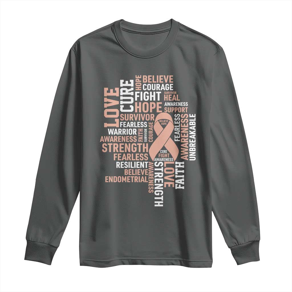 Endometrial Cancer Support Long Sleeve Shirt Warrior Survivor Peach Ribbon