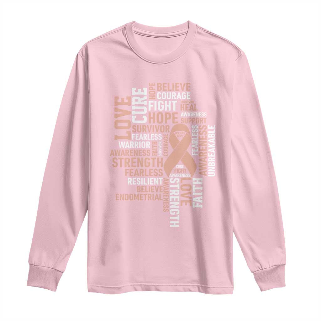Endometrial Cancer Support Long Sleeve Shirt Warrior Survivor Peach Ribbon