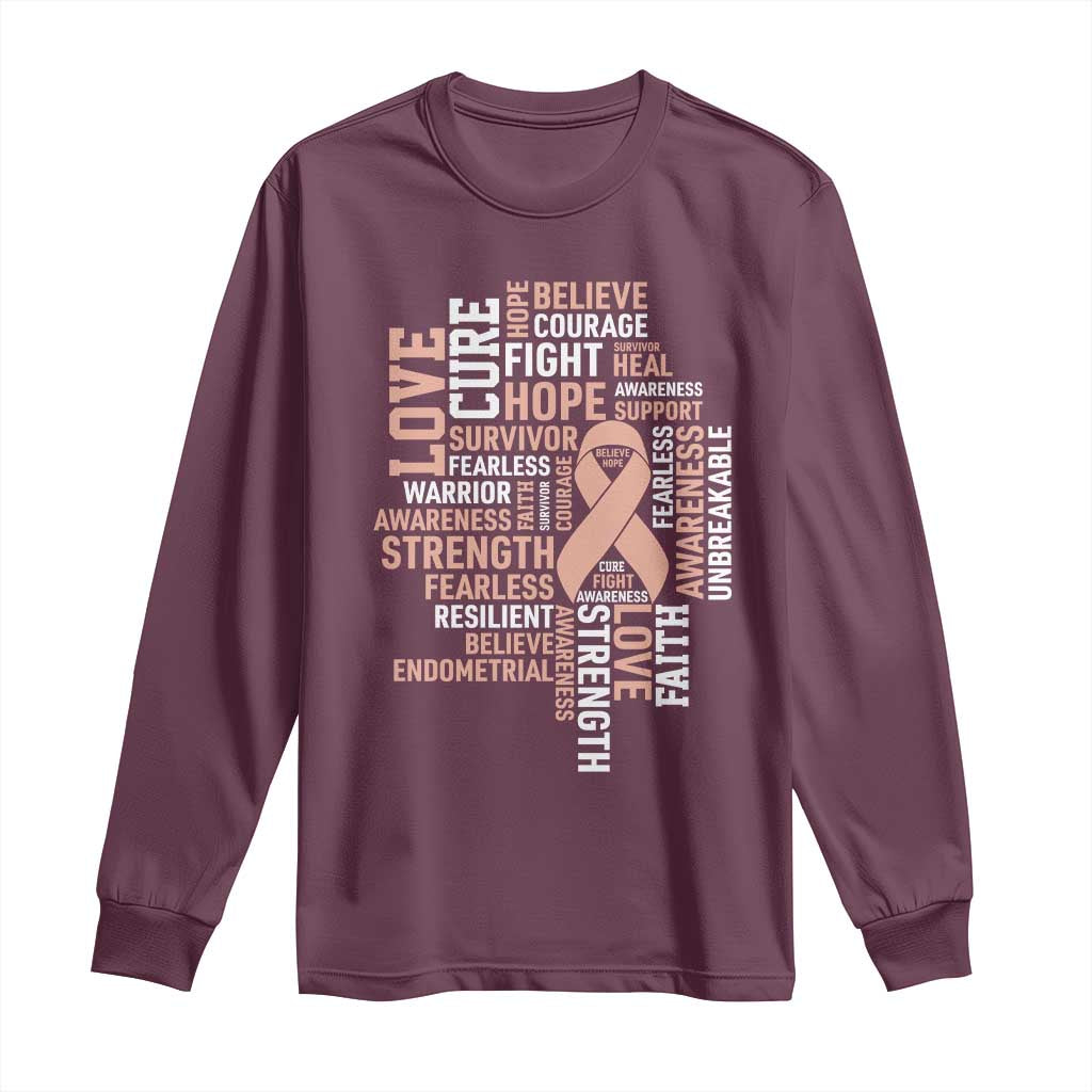 Endometrial Cancer Support Long Sleeve Shirt Warrior Survivor Peach Ribbon