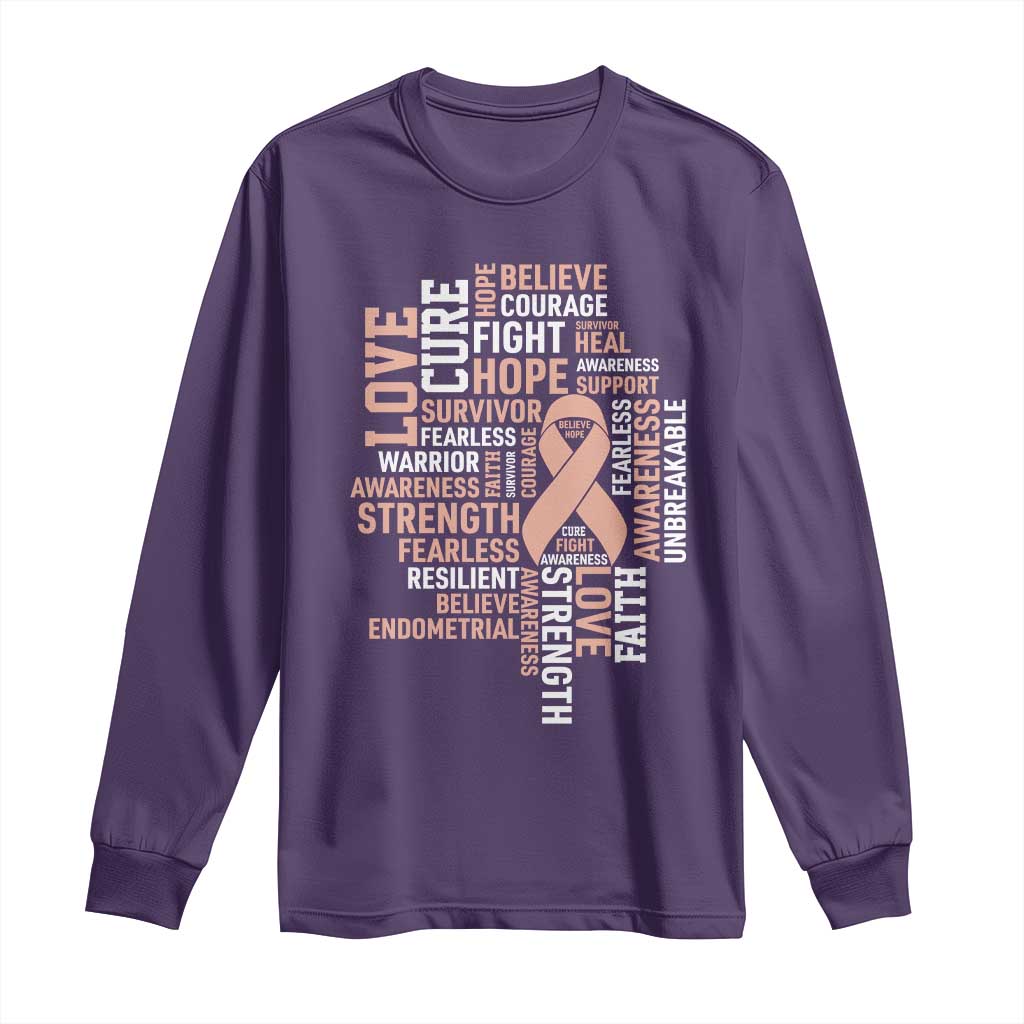 Endometrial Cancer Support Long Sleeve Shirt Warrior Survivor Peach Ribbon