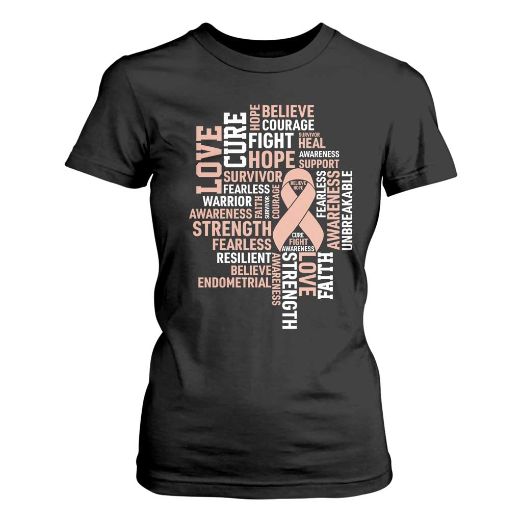 Endometrial Cancer Support T Shirt For Women Warrior Survivor Peach Ribbon