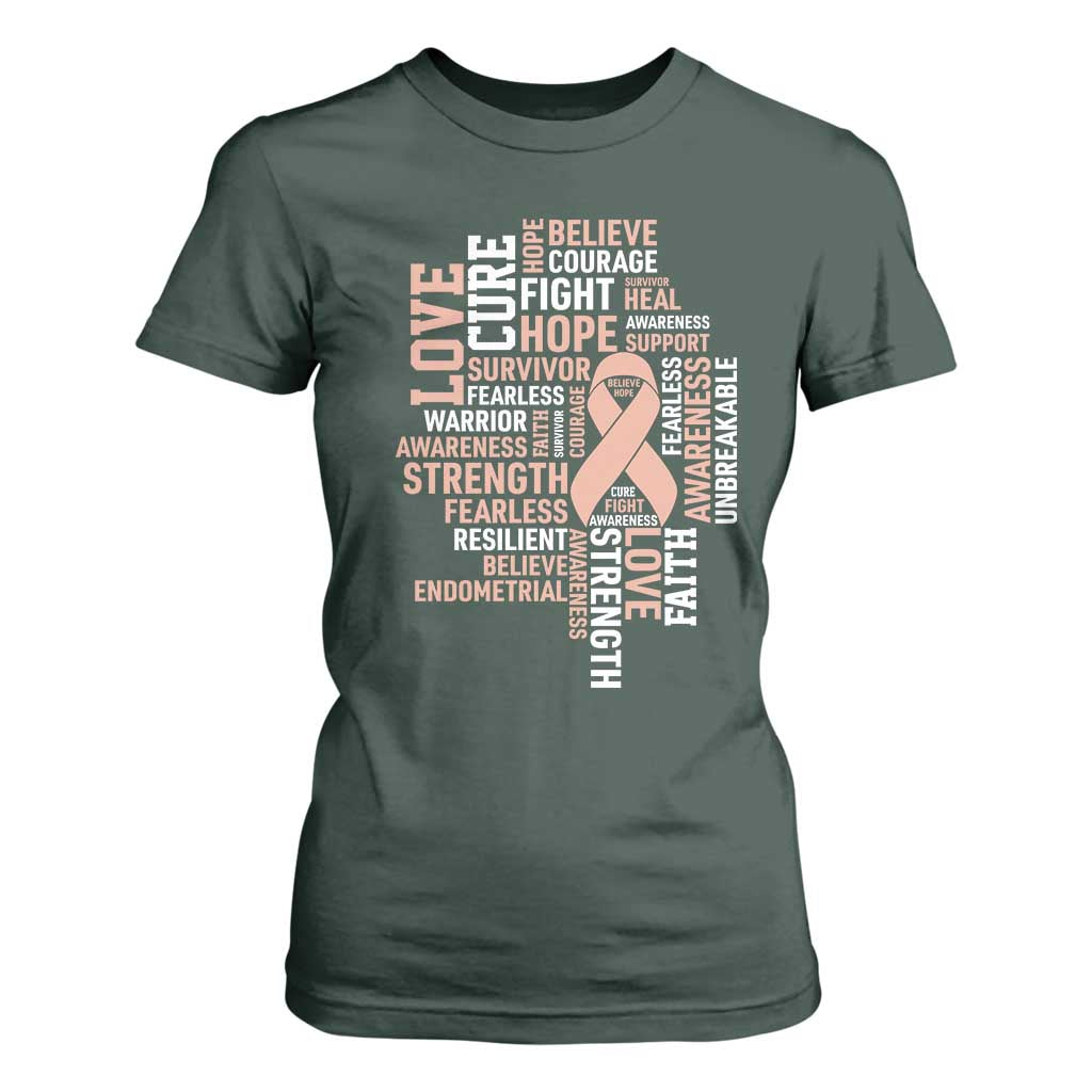 Endometrial Cancer Support T Shirt For Women Warrior Survivor Peach Ribbon