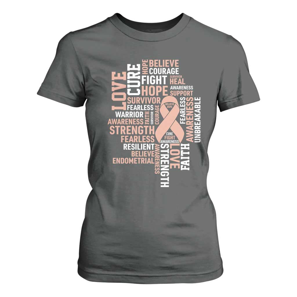 Endometrial Cancer Support T Shirt For Women Warrior Survivor Peach Ribbon