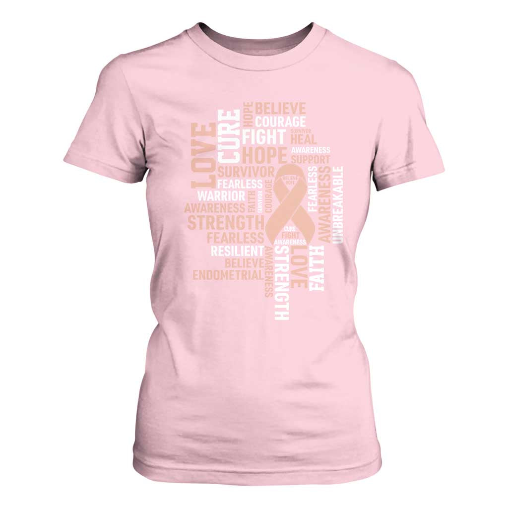 Endometrial Cancer Support T Shirt For Women Warrior Survivor Peach Ribbon