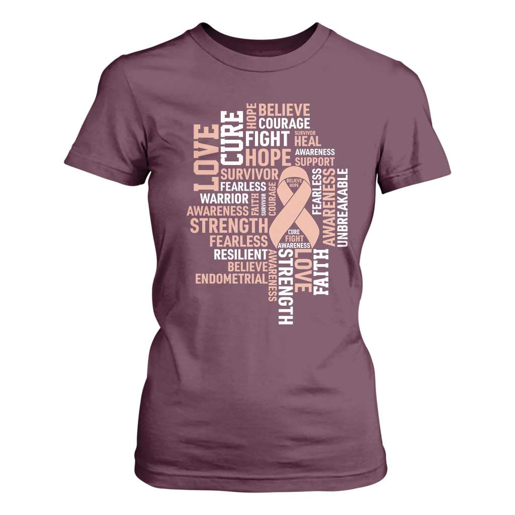 Endometrial Cancer Support T Shirt For Women Warrior Survivor Peach Ribbon