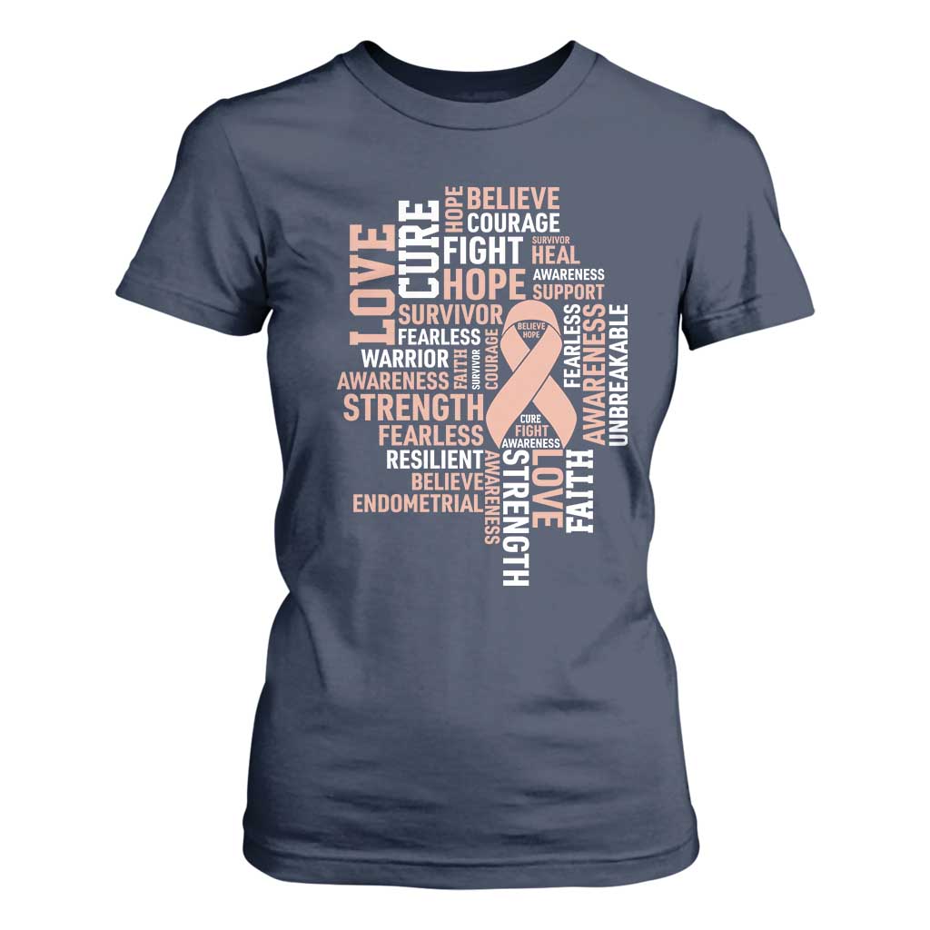 Endometrial Cancer Support T Shirt For Women Warrior Survivor Peach Ribbon