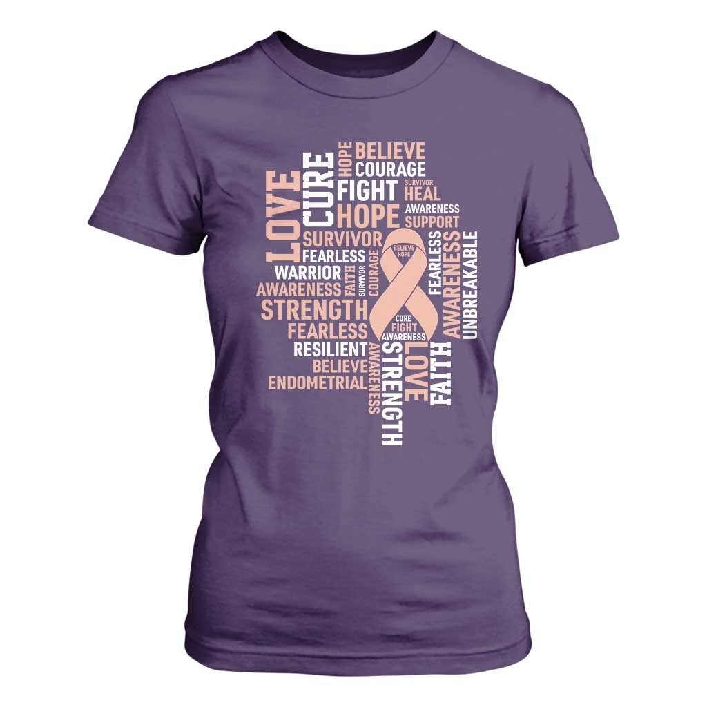 Endometrial Cancer Support T Shirt For Women Warrior Survivor Peach Ribbon