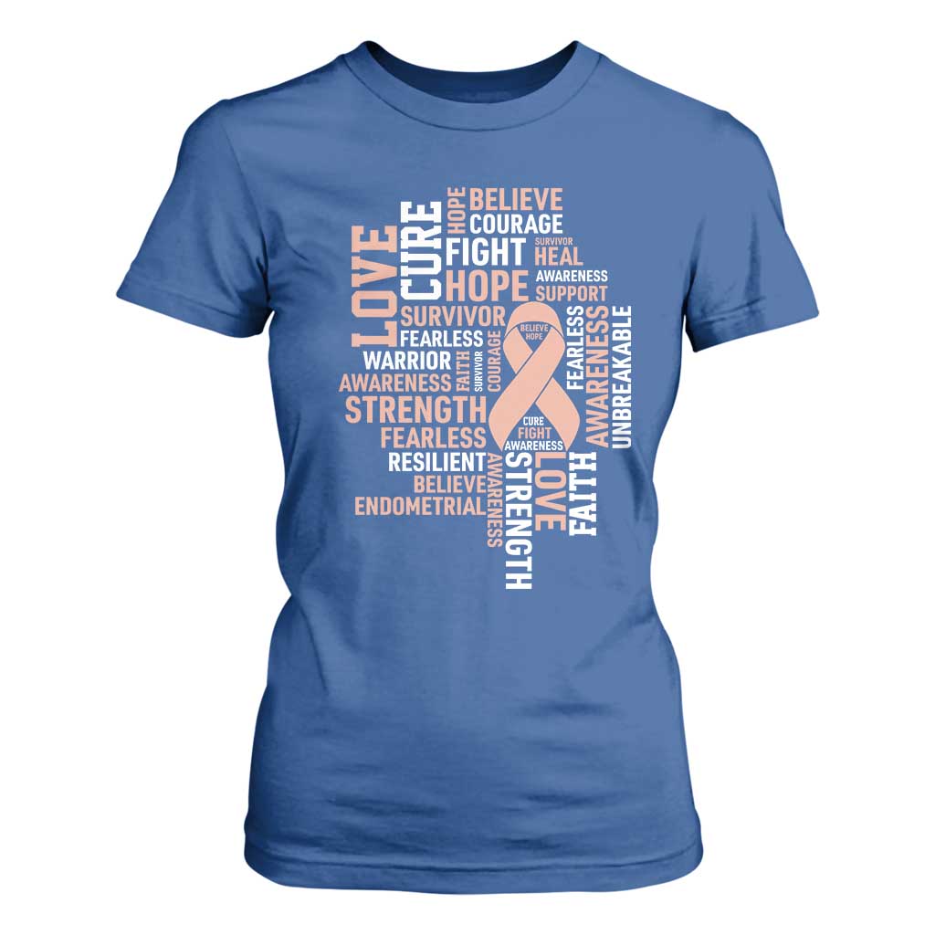 Endometrial Cancer Support T Shirt For Women Warrior Survivor Peach Ribbon