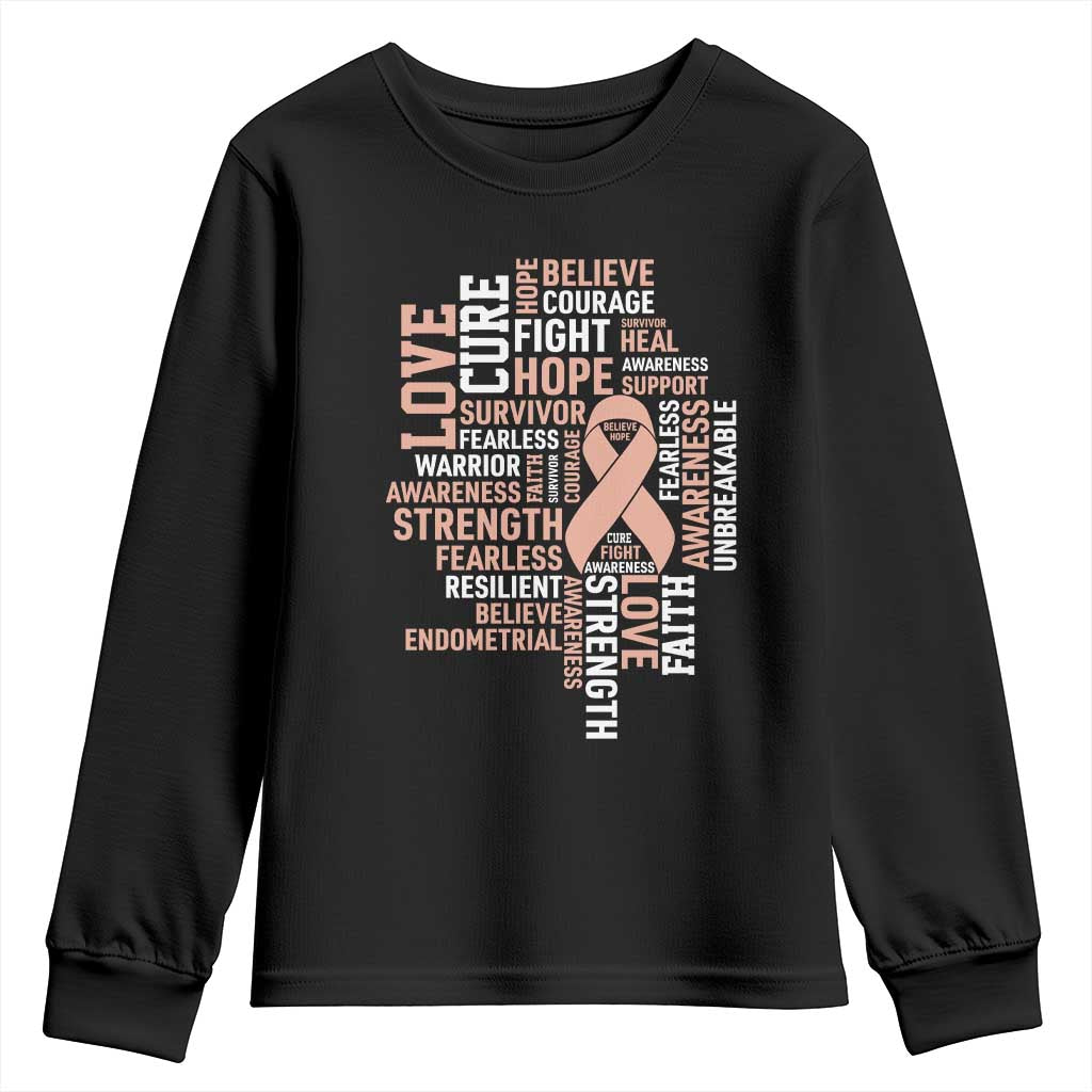 Endometrial Cancer Support Youth Sweatshirt Warrior Survivor Peach Ribbon