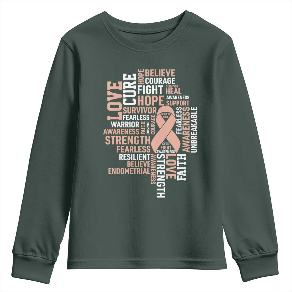 Endometrial Cancer Support Youth Sweatshirt Warrior Survivor Peach Ribbon