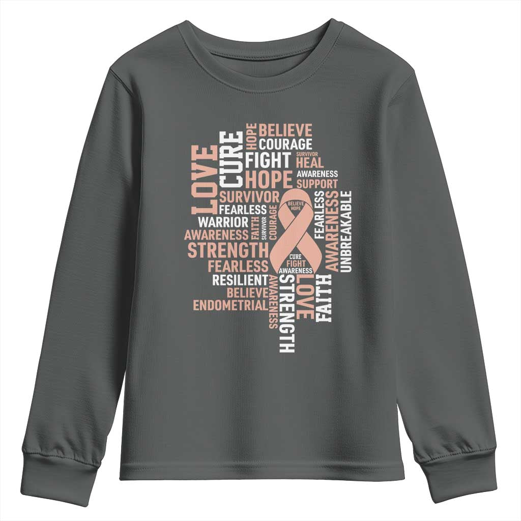 Endometrial Cancer Support Youth Sweatshirt Warrior Survivor Peach Ribbon