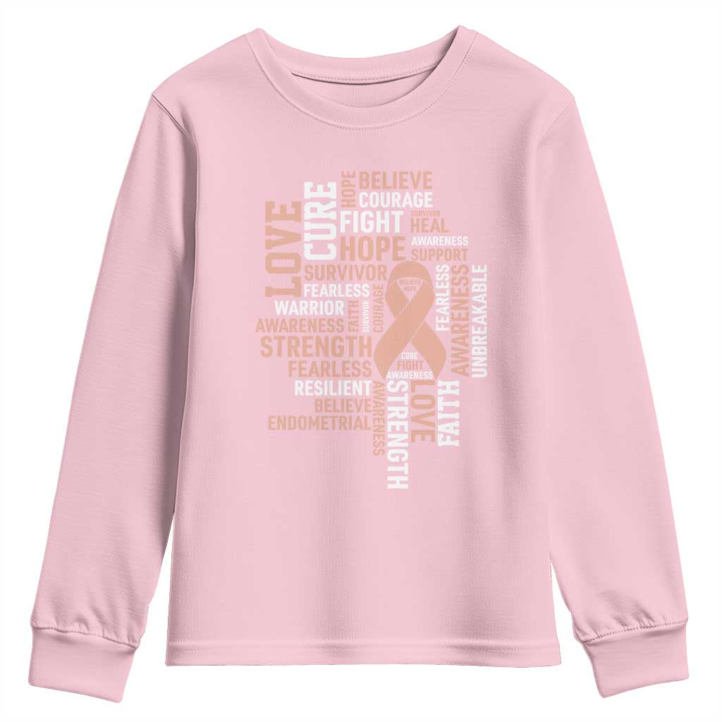 Endometrial Cancer Support Youth Sweatshirt Warrior Survivor Peach Ribbon