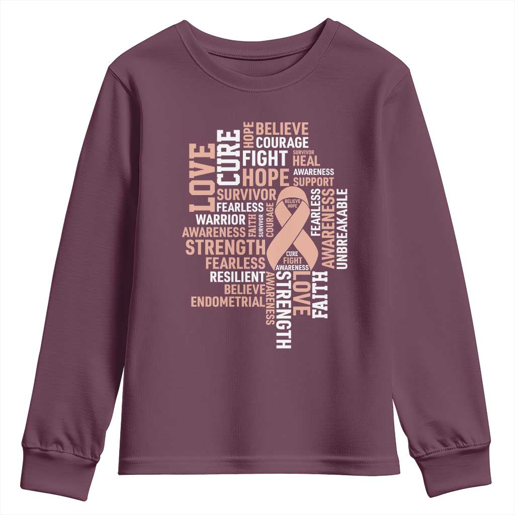 Endometrial Cancer Support Youth Sweatshirt Warrior Survivor Peach Ribbon