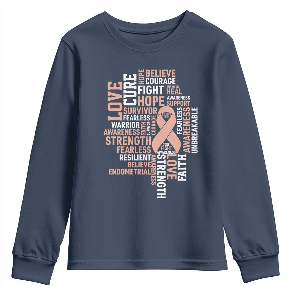 Endometrial Cancer Support Youth Sweatshirt Warrior Survivor Peach Ribbon