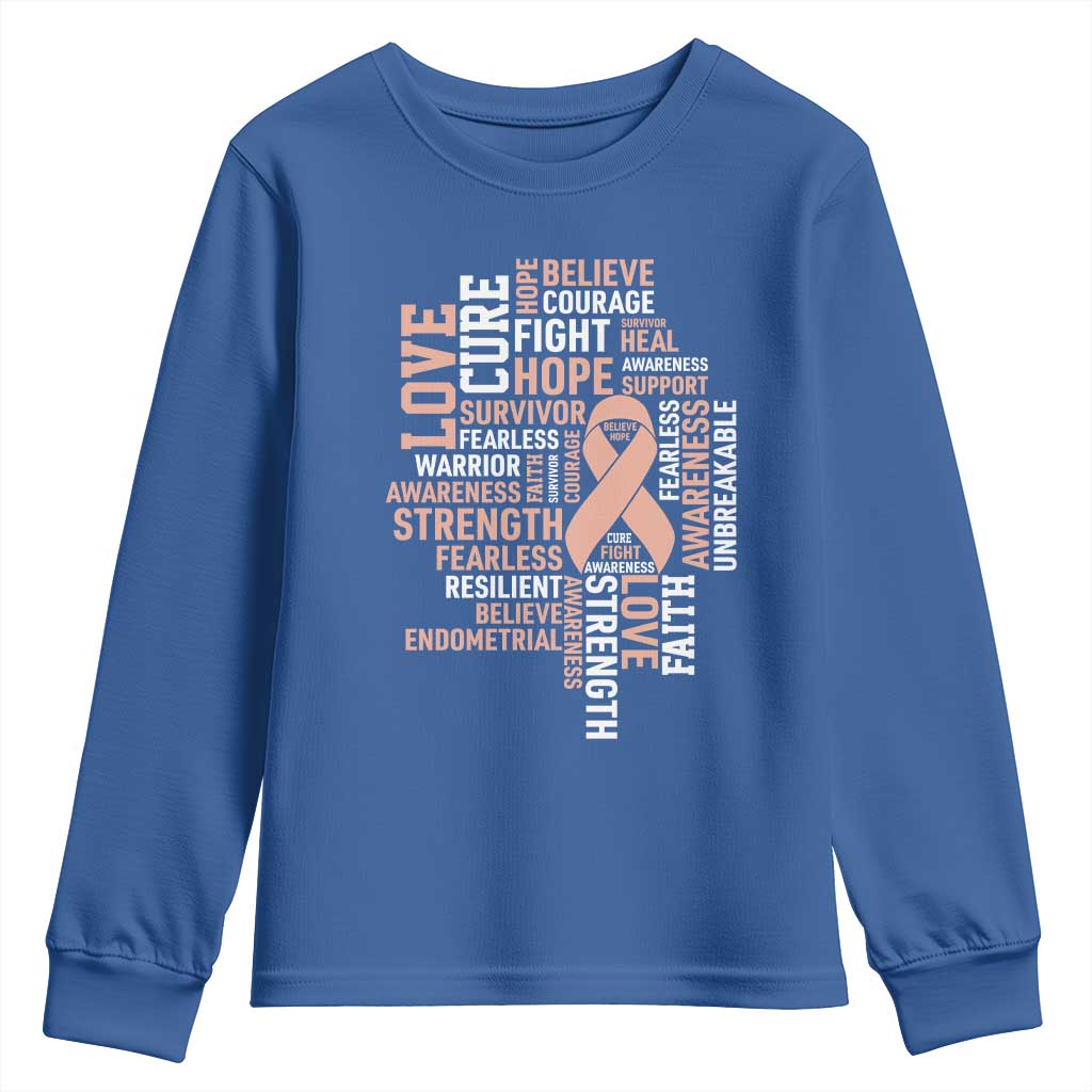 Endometrial Cancer Support Youth Sweatshirt Warrior Survivor Peach Ribbon