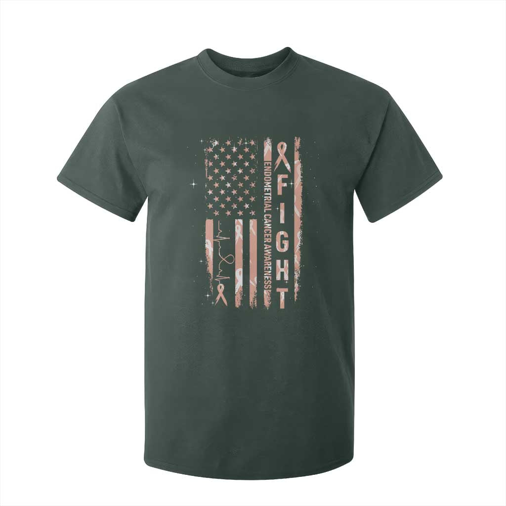 American Flag Endometrial Cancer T Shirt For Kid Fight Together Peach Ribbon Support Squad