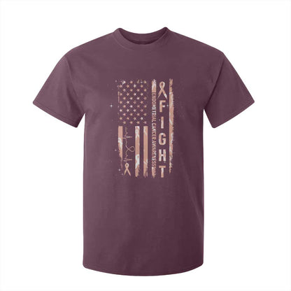 American Flag Endometrial Cancer T Shirt For Kid Fight Together Peach Ribbon Support Squad