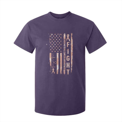American Flag Endometrial Cancer T Shirt For Kid Fight Together Peach Ribbon Support Squad