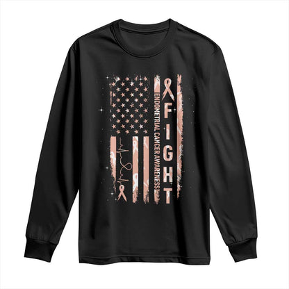 American Flag Endometrial Cancer Long Sleeve Shirt Fight Together Peach Ribbon Support Squad