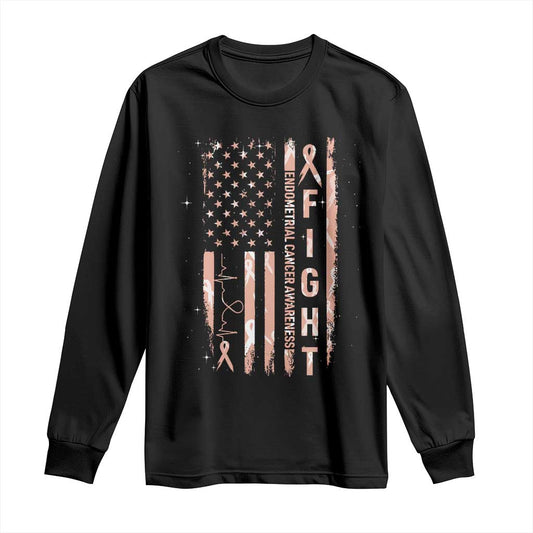 American Flag Endometrial Cancer Long Sleeve Shirt Fight Together Peach Ribbon Support Squad