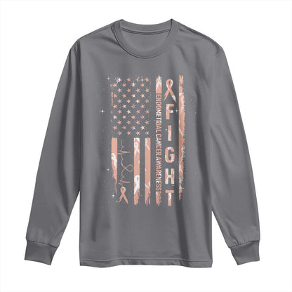 American Flag Endometrial Cancer Long Sleeve Shirt Fight Together Peach Ribbon Support Squad
